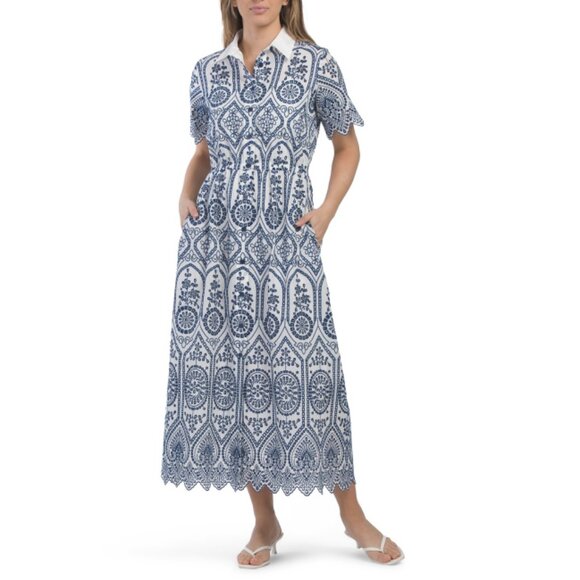 ELIE TAHARI NAVY/WHITE Short Sleeve Collared Button Down Embroidered Midi Dress